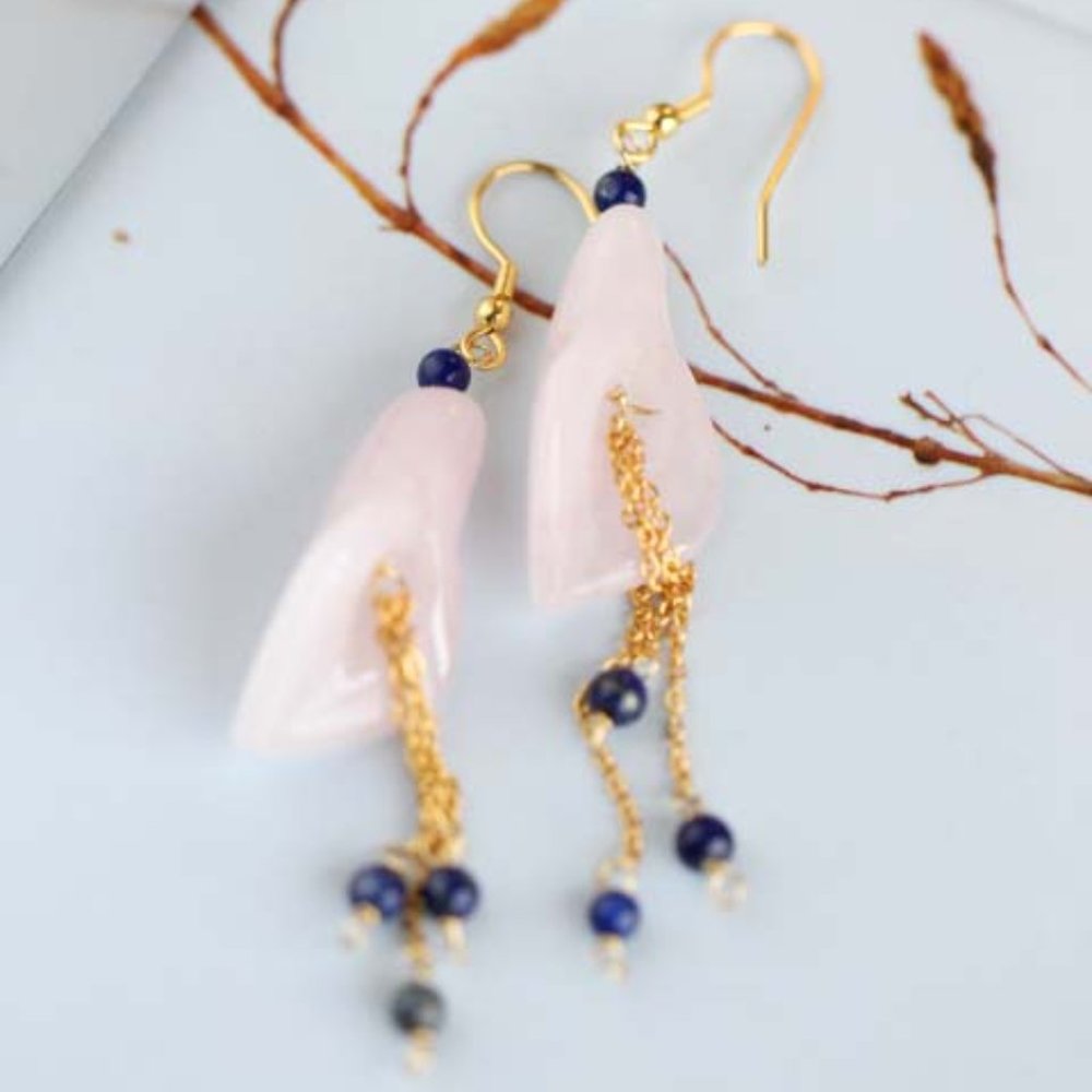 Natural Pink Quartz Dangle Earrings Natural Gemstone Flower Earrings For Her - Picture 5 of 8